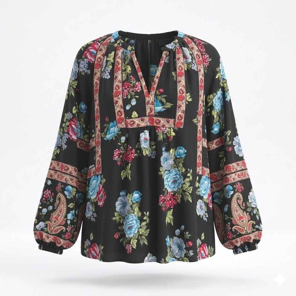Tolani Collection Black Floral Print V-Neck Balloon Sleeve Shirt L Cottage Flowy
